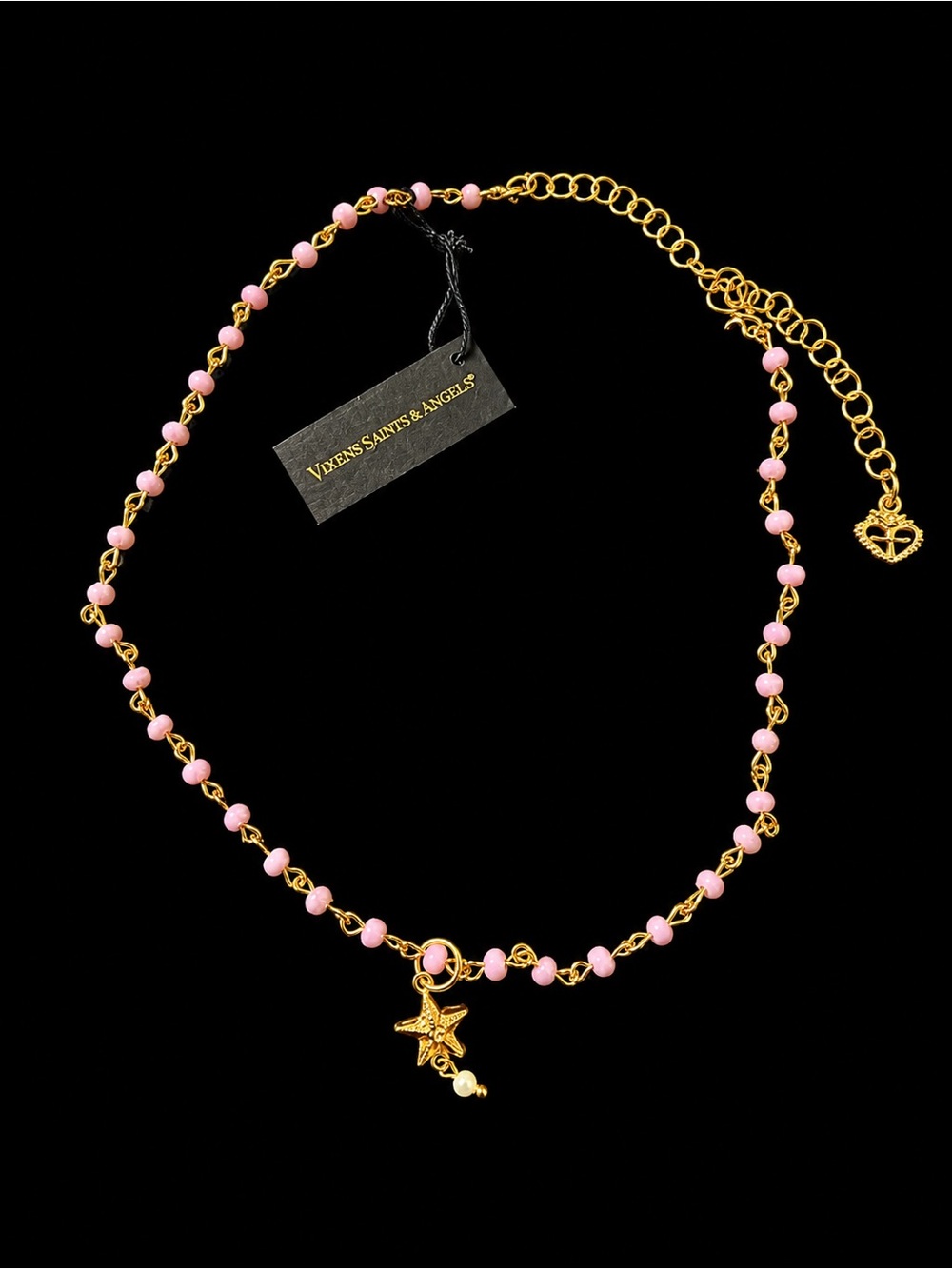 Virgins Saints & Angels Pink Beaded Necklace with Gold Star Charm